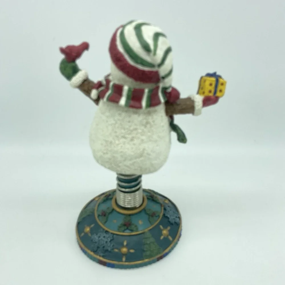 Christmas Snowman On Spring Pedestal Figurine Rustic Farmhouse Whimsical Vintage